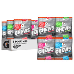 Gatorade pouch frente mostrando diseño y variedad de sabores, práctico para deporte