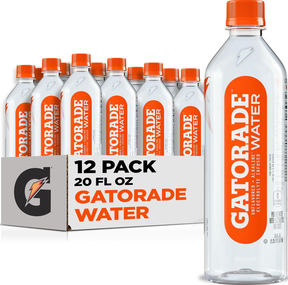 Gatorade agua sin sabor paquete de 12 mostrando botellas delante, hidratación práctica
