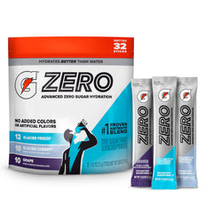 Gatorade Zero frente del empaque mostrando 32 sobres y variedad de sabores