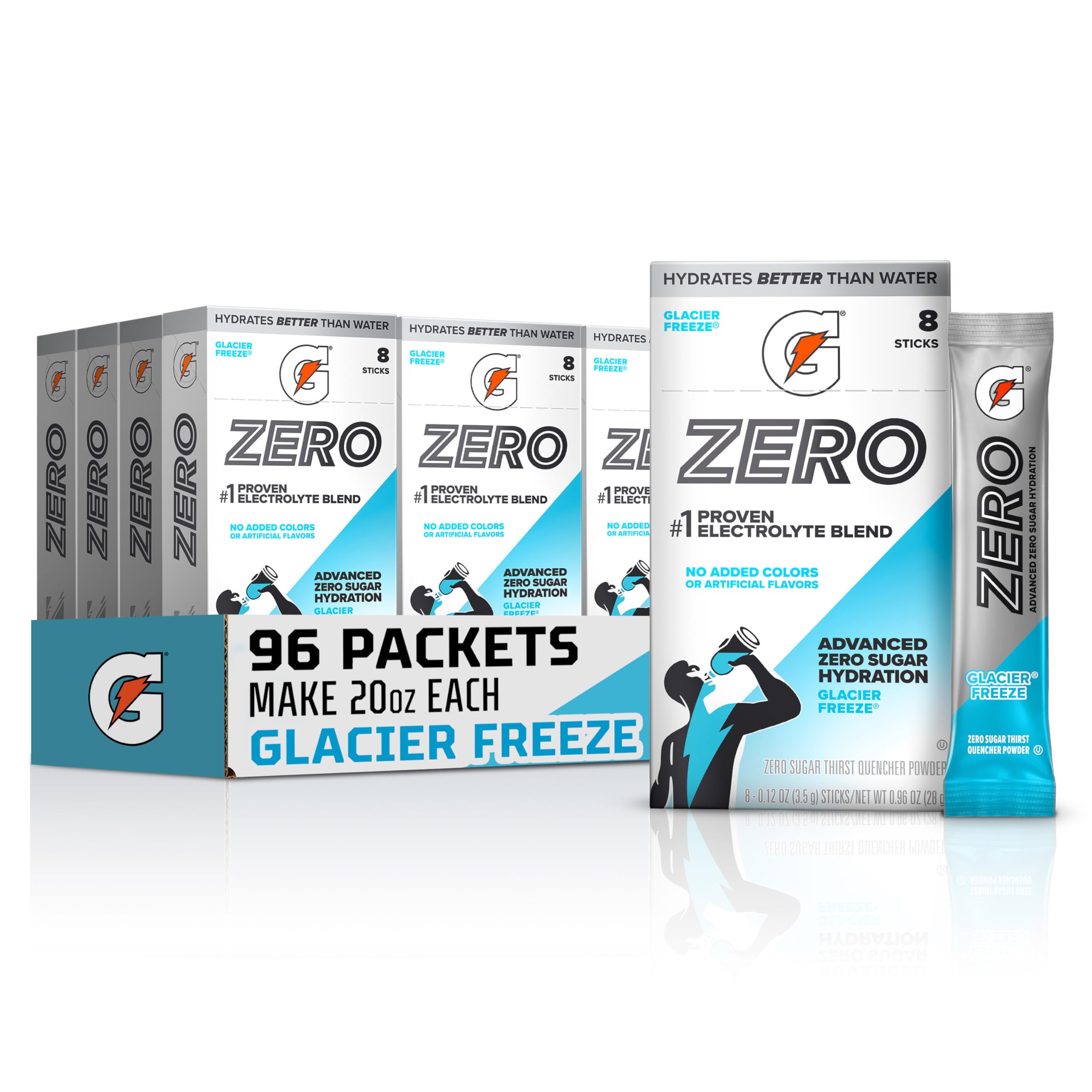 Gatorade Zero frontal del paquete mostrando 96 sobres y conveniencia