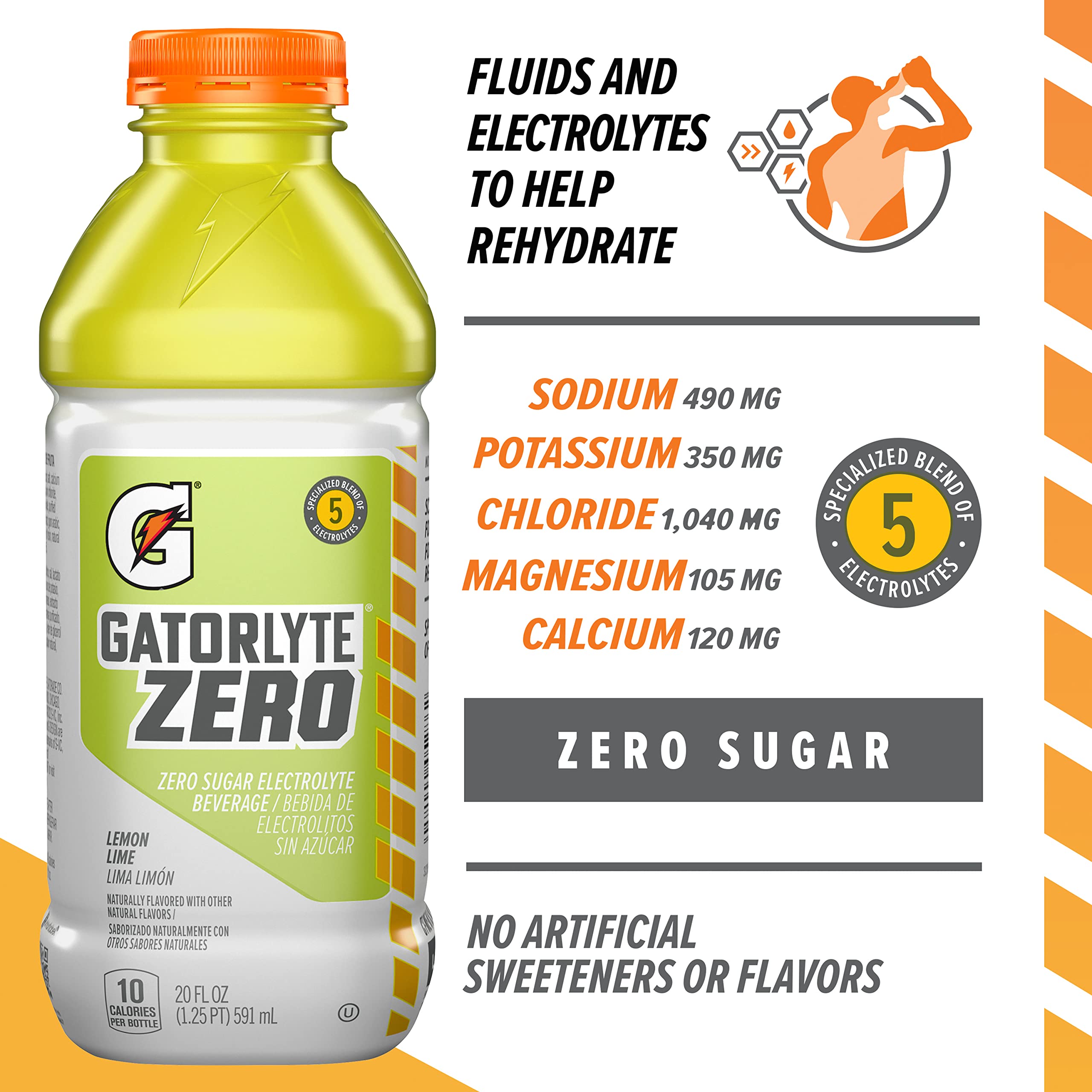 Gatorlyte botella 20 fl oz etiqueta legible con electrolitos destacados