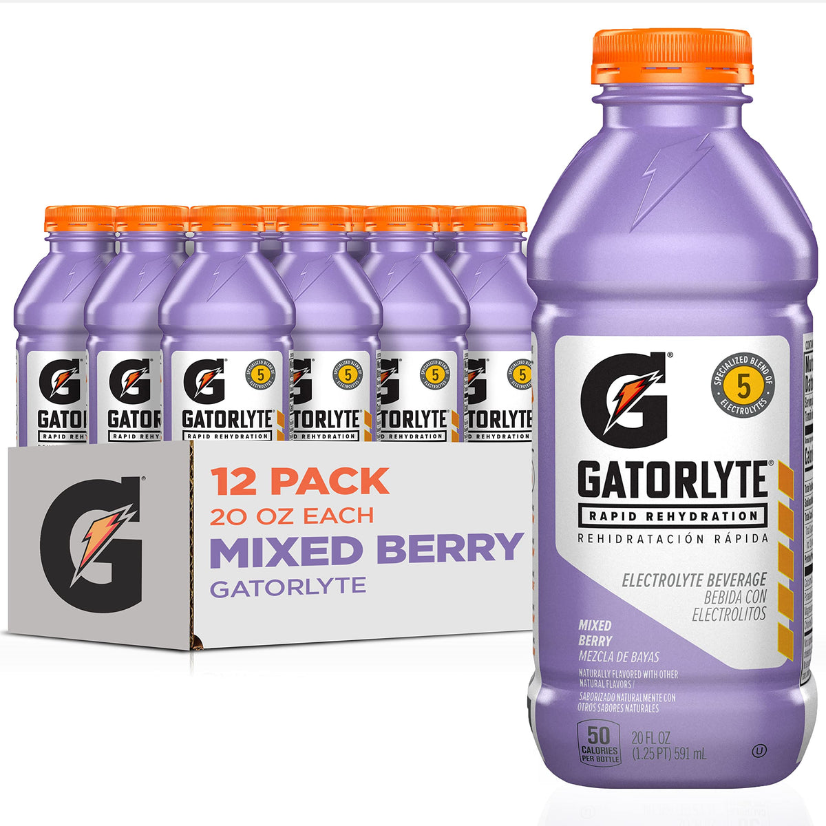 Gatorlyte frente del paquete de 12 botellas mostrando la marca y el sabor Mixed Berry, conveniencia