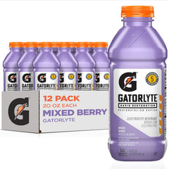 Gatorlyte frente del paquete de 12 botellas mostrando la marca y el sabor Mixed Berry, conveniencia