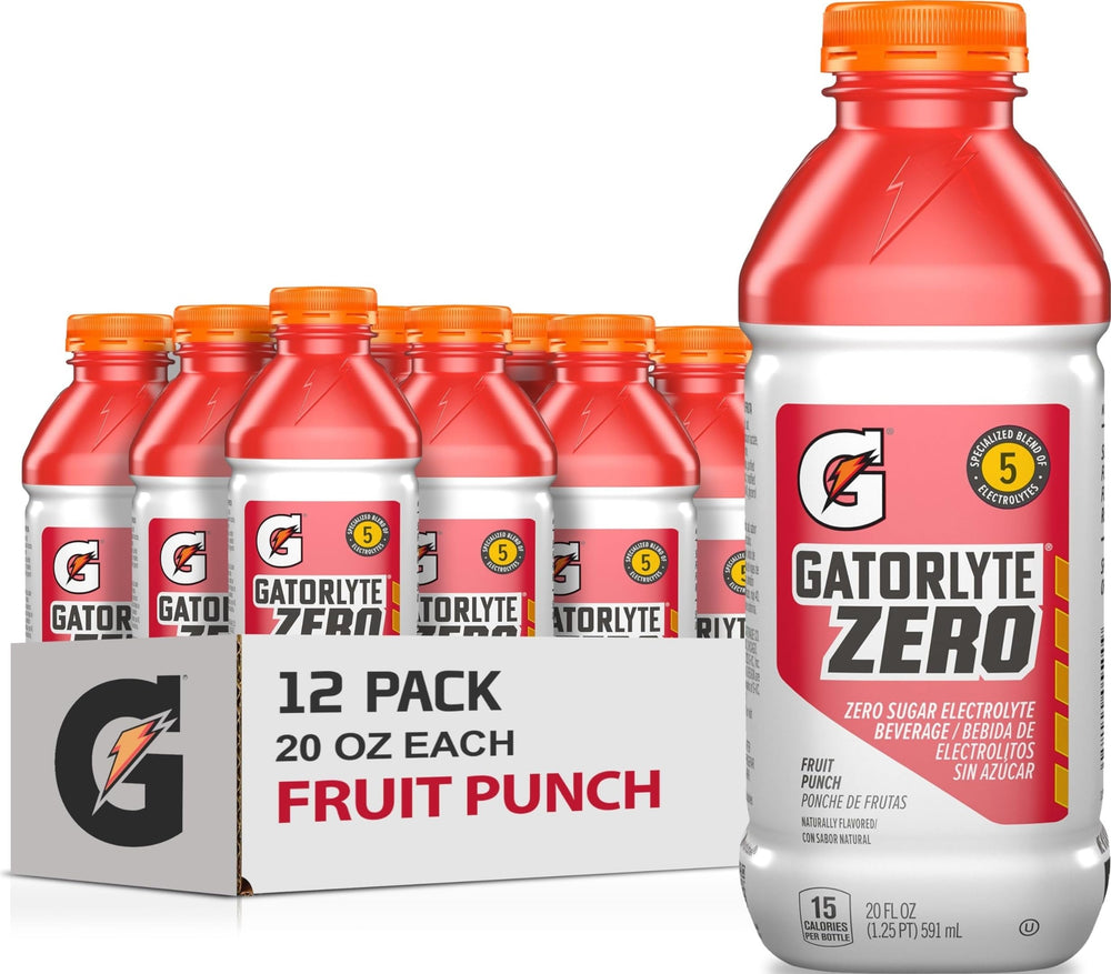 Gatorade Gatorlyte Zero frente del pack con 12 botellas, hidratación rápida