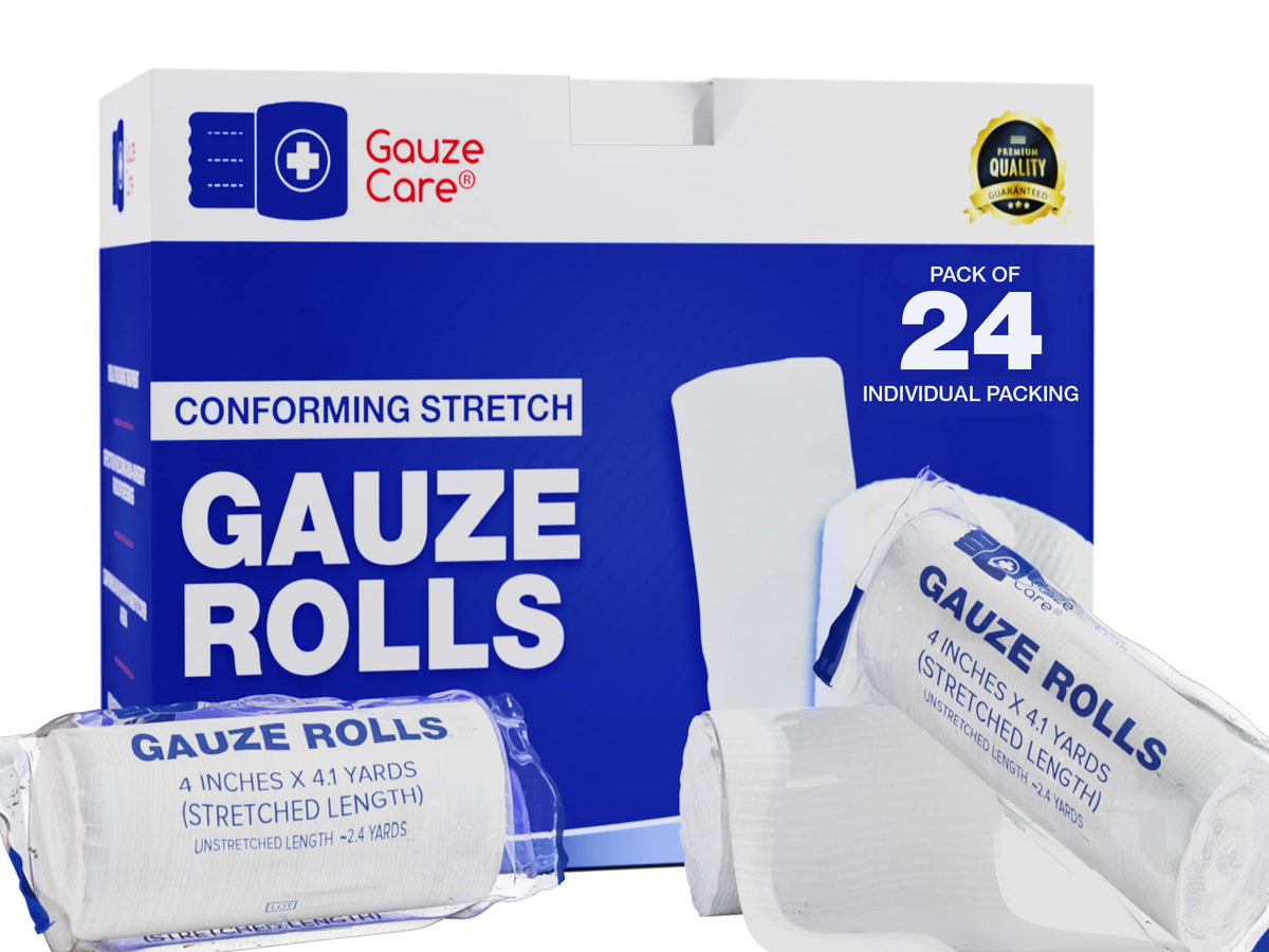 Gauze Care empaque frontal mostrando pack de 24 y beneficio de suministro confiable