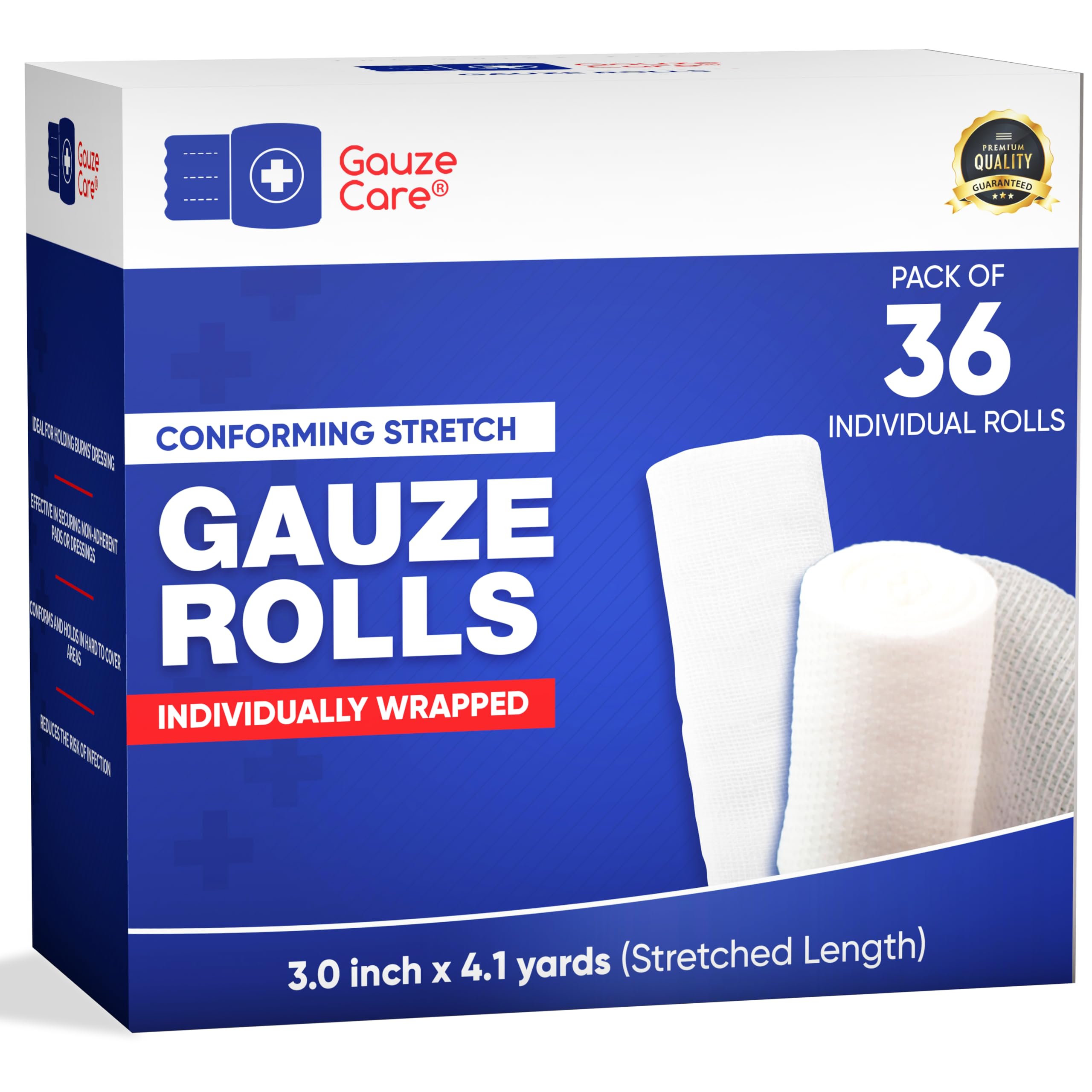 Gauze Care empaque frontal mostrando 36 rollos y beneficios de cantidad