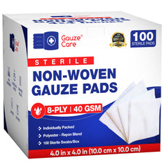 Gauze Care paquete frontal mostrando 100 unidades envueltas individualmente y facilidad de almacenamiento