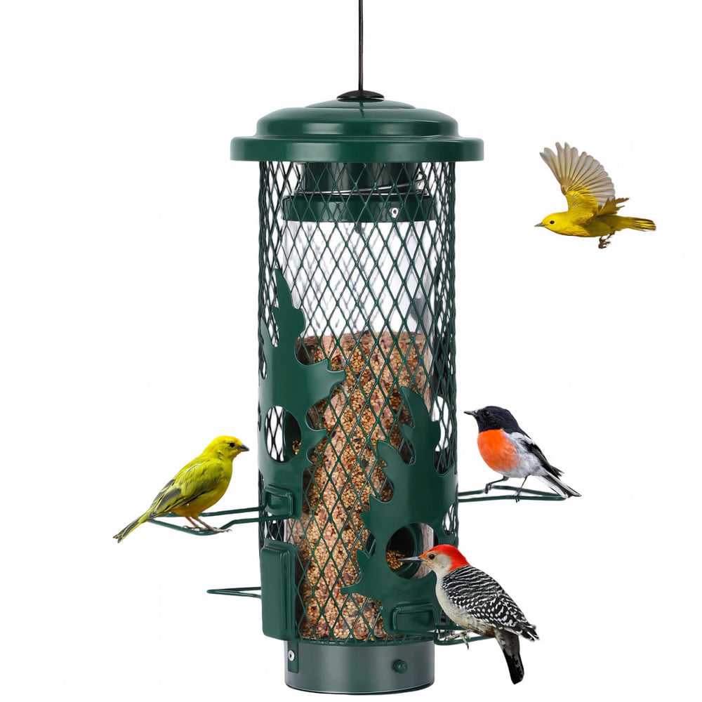 Gbekery front view of hanging feeder showing mesh and perch, attracts small birds