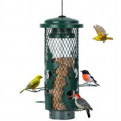 Gbekery front view of hanging feeder showing mesh and perch, attracts small birds