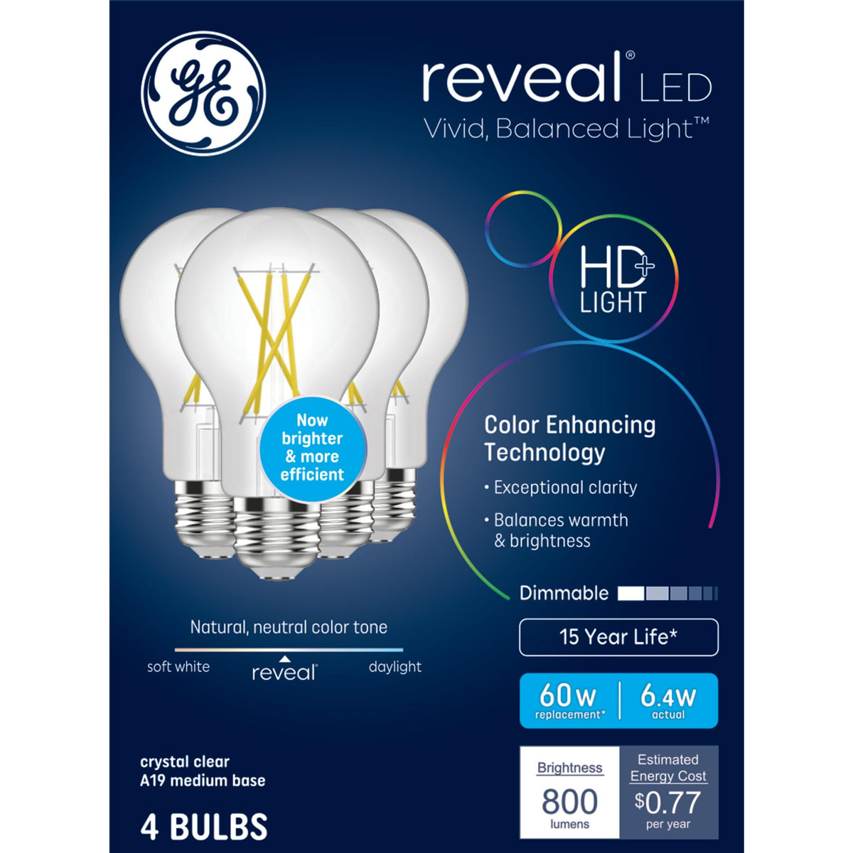 GE Reveal frontal del empaque mostrando pack de 4 y beneficio eficiencia