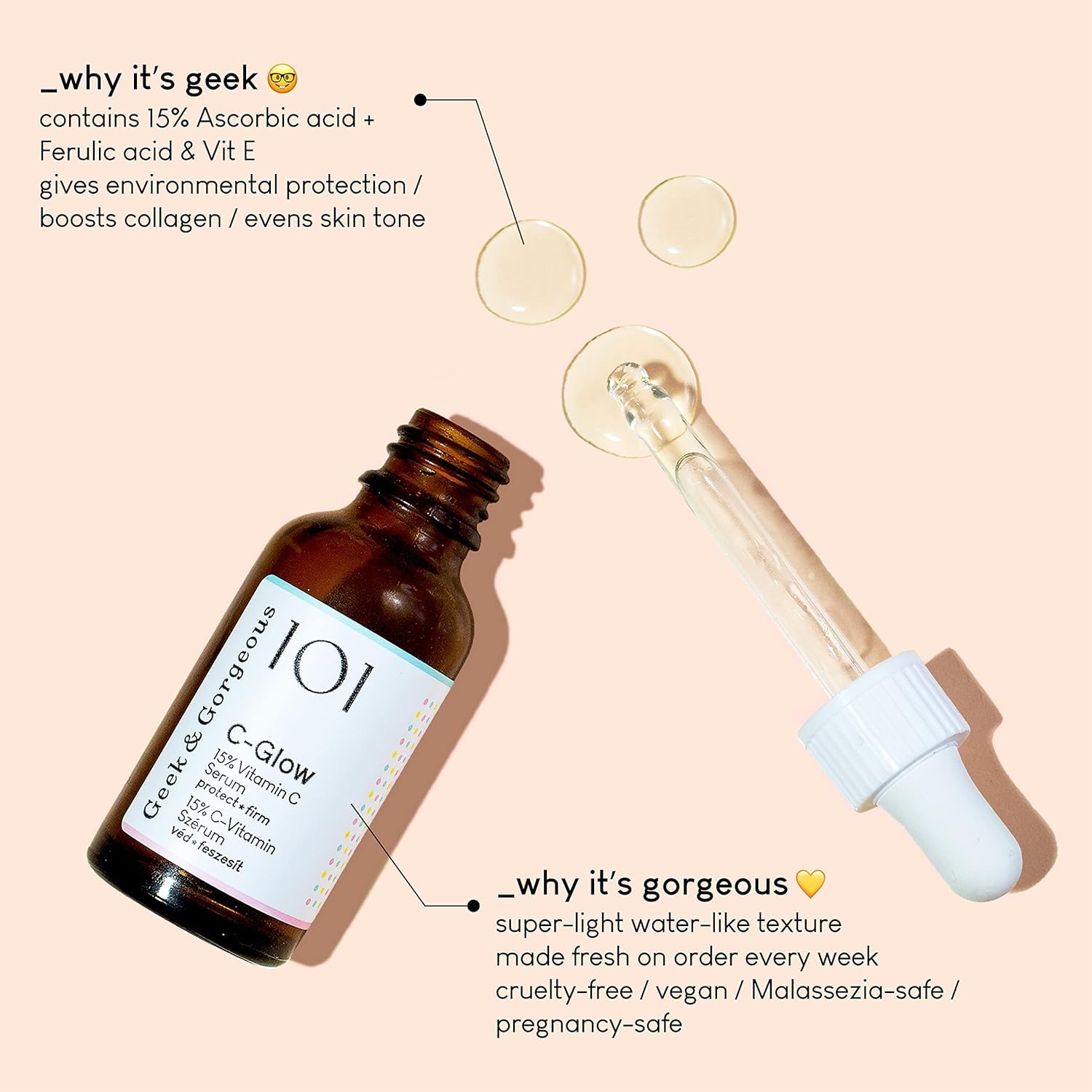 Geek & Gorgeous C-Glow aplicación con gotas en mejilla mostrando acabado ligero