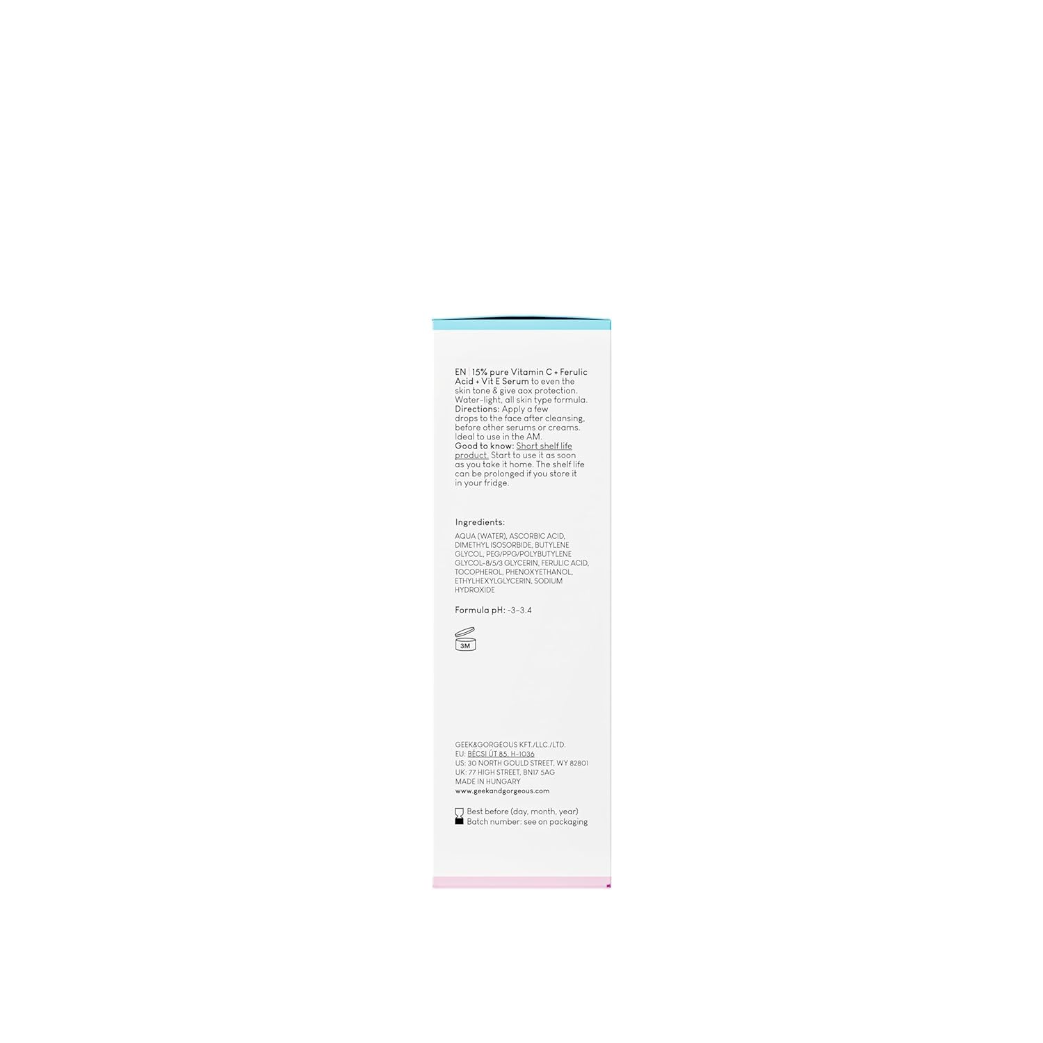 Geek & Gorgeous C-Glow primer plano de la etiqueta con ingredientes clave visibles