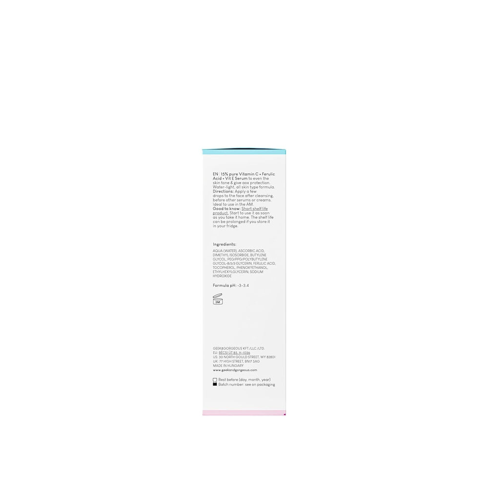 Geek & Gorgeous C-Glow primer plano de la etiqueta con ingredientes clave visibles