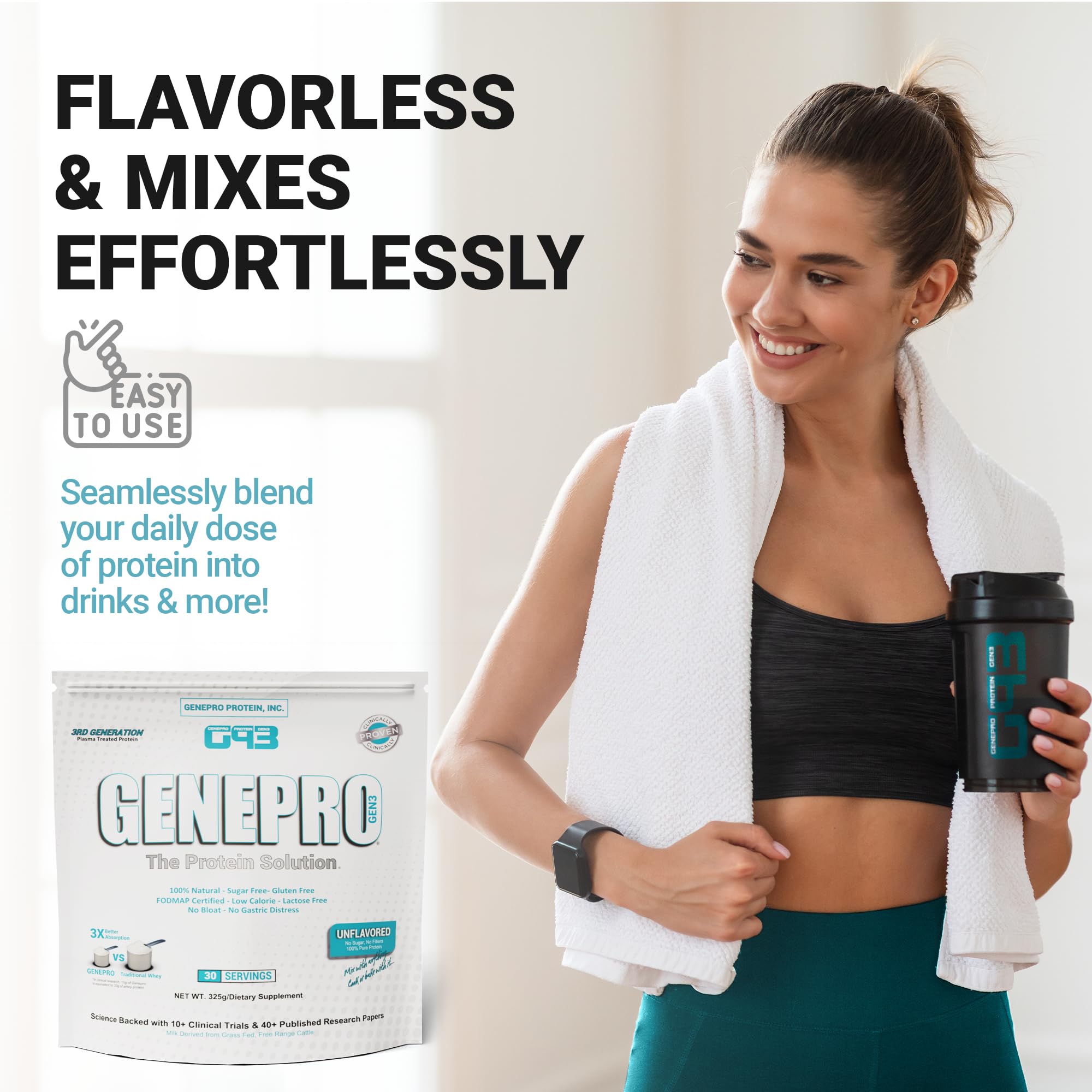 GENEPRO GEN. 3 escena de estilo de vida saludable con botella mezcladora