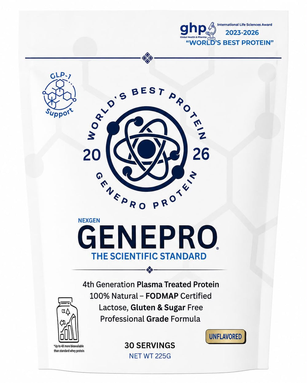 GENEPRO GEN. 3 frente del envase mostrando 30 porciones y diseño claro