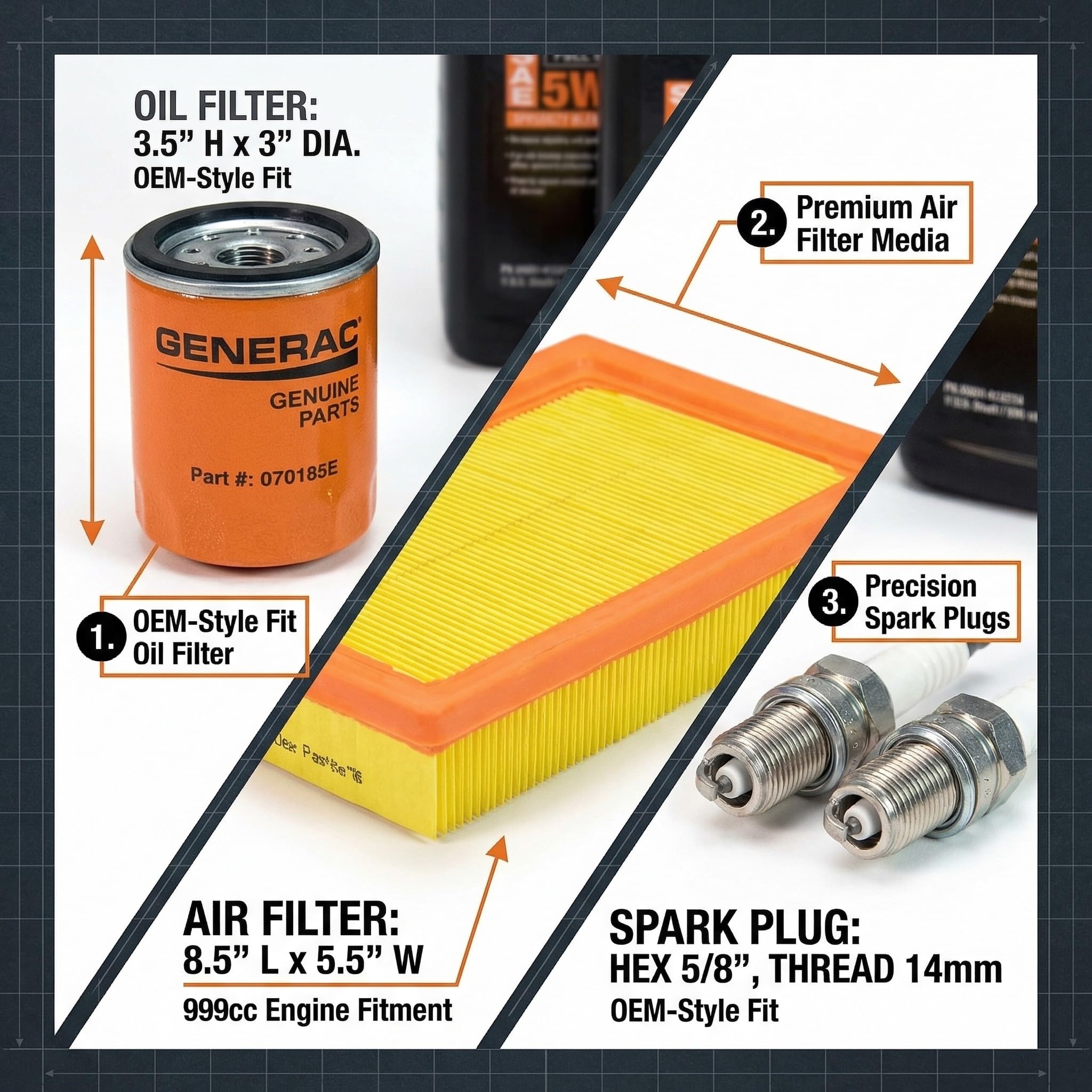 Generac primer plano del filtro y etiqueta del aceite 5W-20, compatibilidad garantizada
