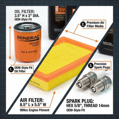 Generac primer plano del filtro y etiqueta del aceite 5W-20, compatibilidad garantizada