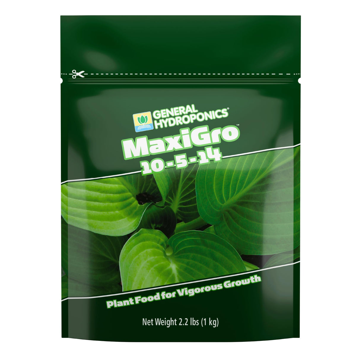 General Hydroponics MaxiGro frontal del envase mostrando marca y tamaño útil