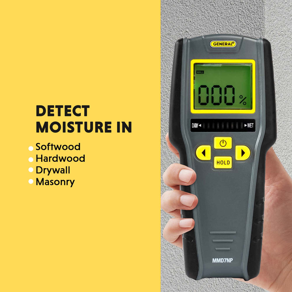 General Tools MMD7NP midiendo humedad en pared sin dañar superficie, inspección no invasiva