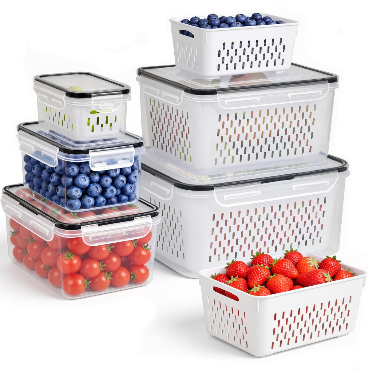 Generic frente del set de recipientes para frutas mostrando capacidades variadas y organización