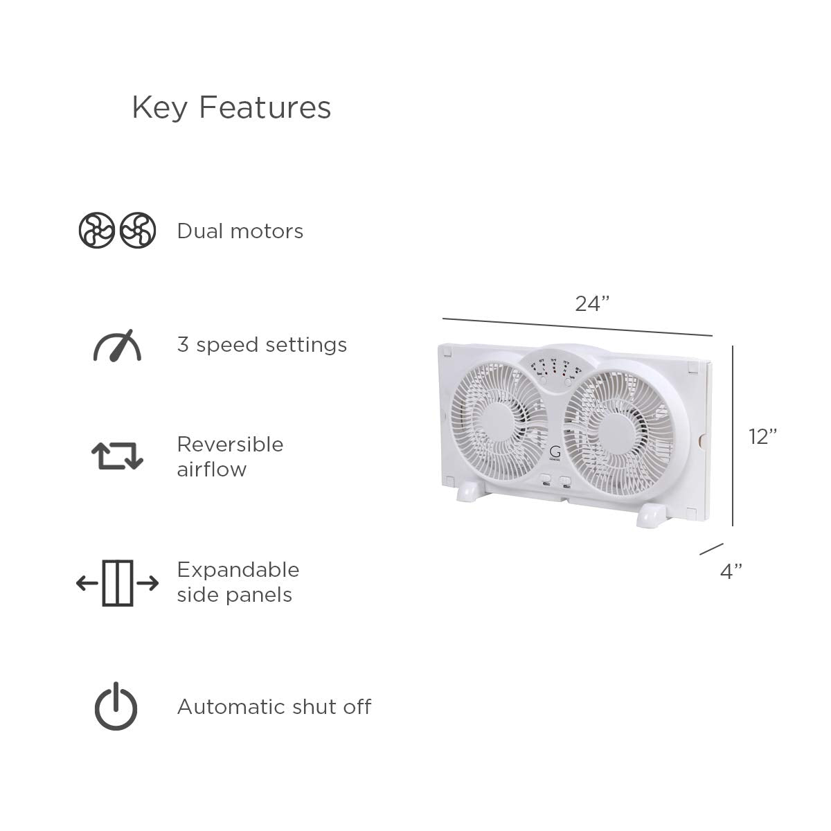 Genesis ventilador junto a regla mostrando dimensiones 24x12x4 pulgadas