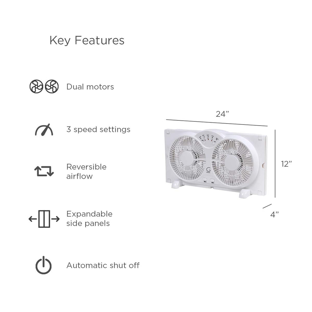 Genesis ventilador junto a regla mostrando dimensiones 24x12x4 pulgadas