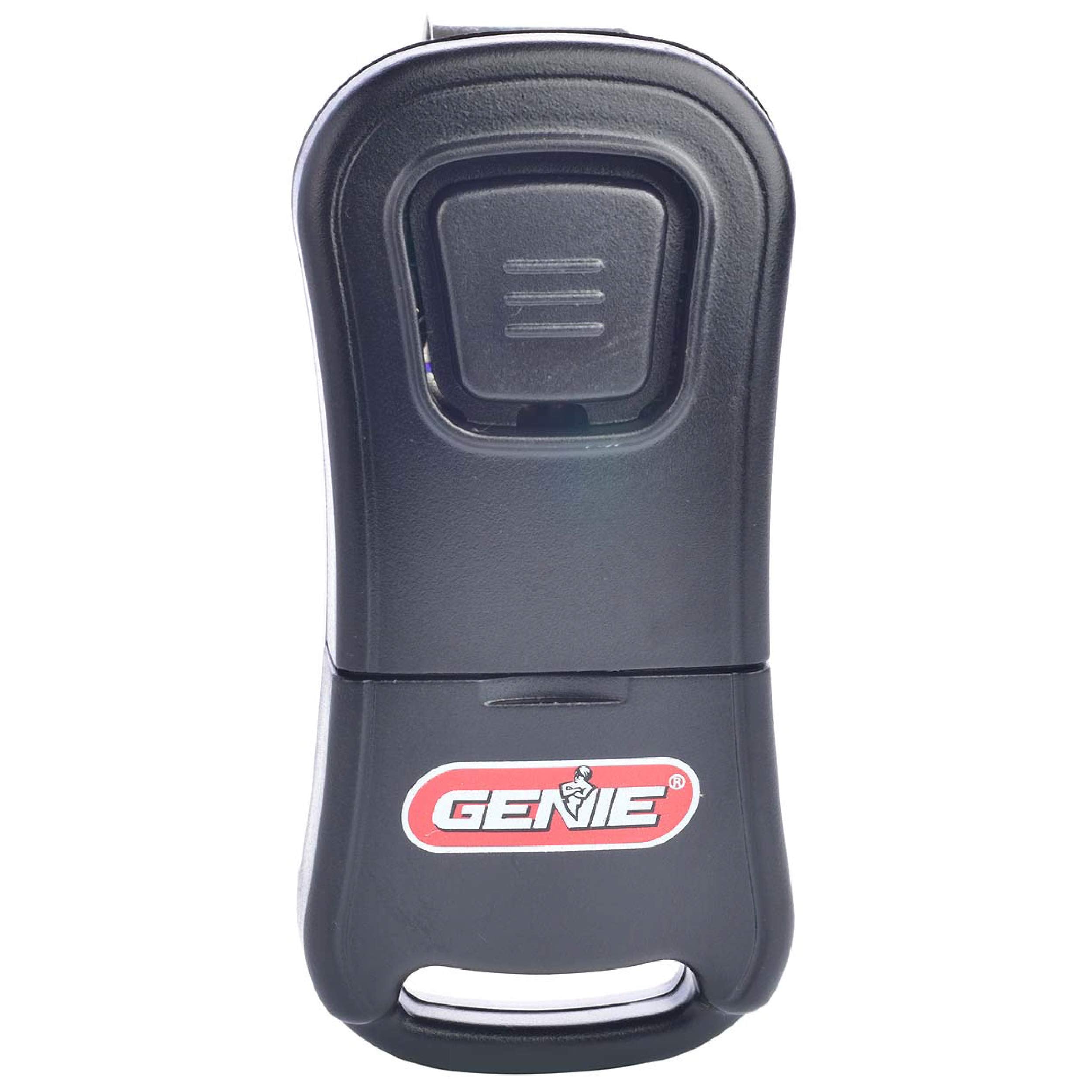Genie G1T-BX frente del paquete mostrando el mando compacto y el clip