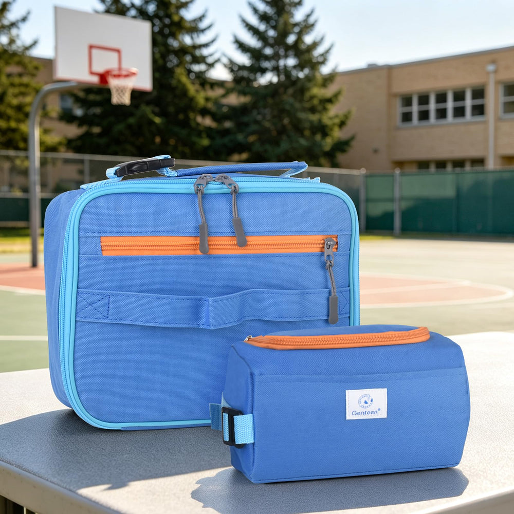 Genteen lonchera en uso escolar junto a estudiante en el recreo