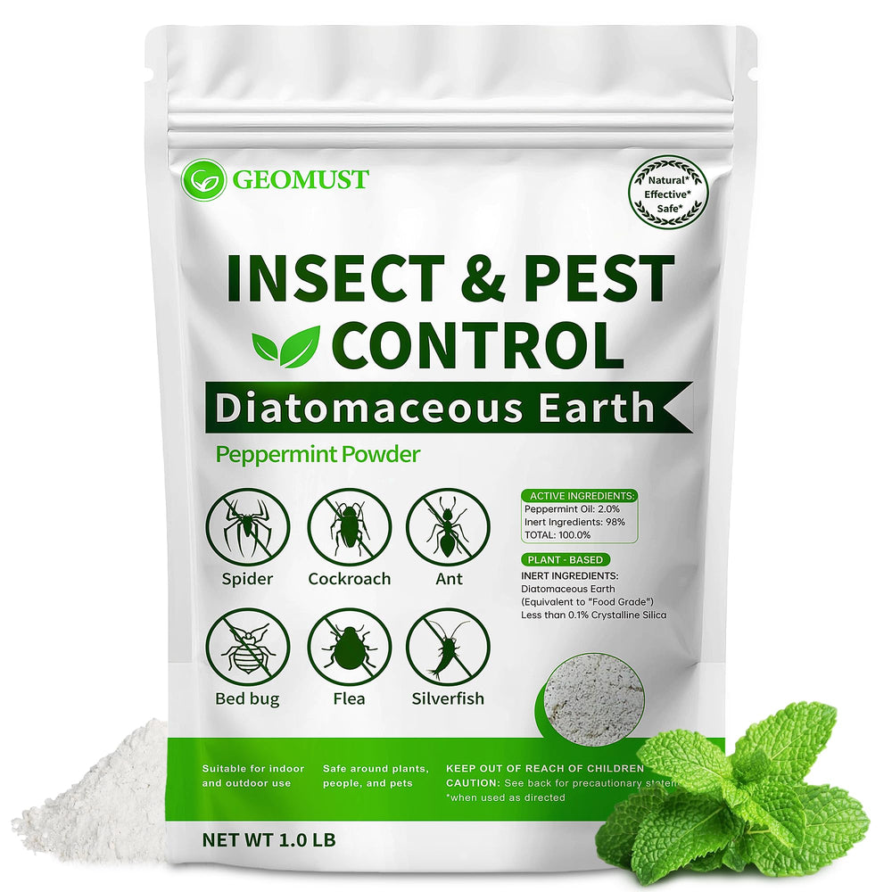 Geomust frasco frontal mostrando etiqueta y tamaño, ofrece control natural de plagas