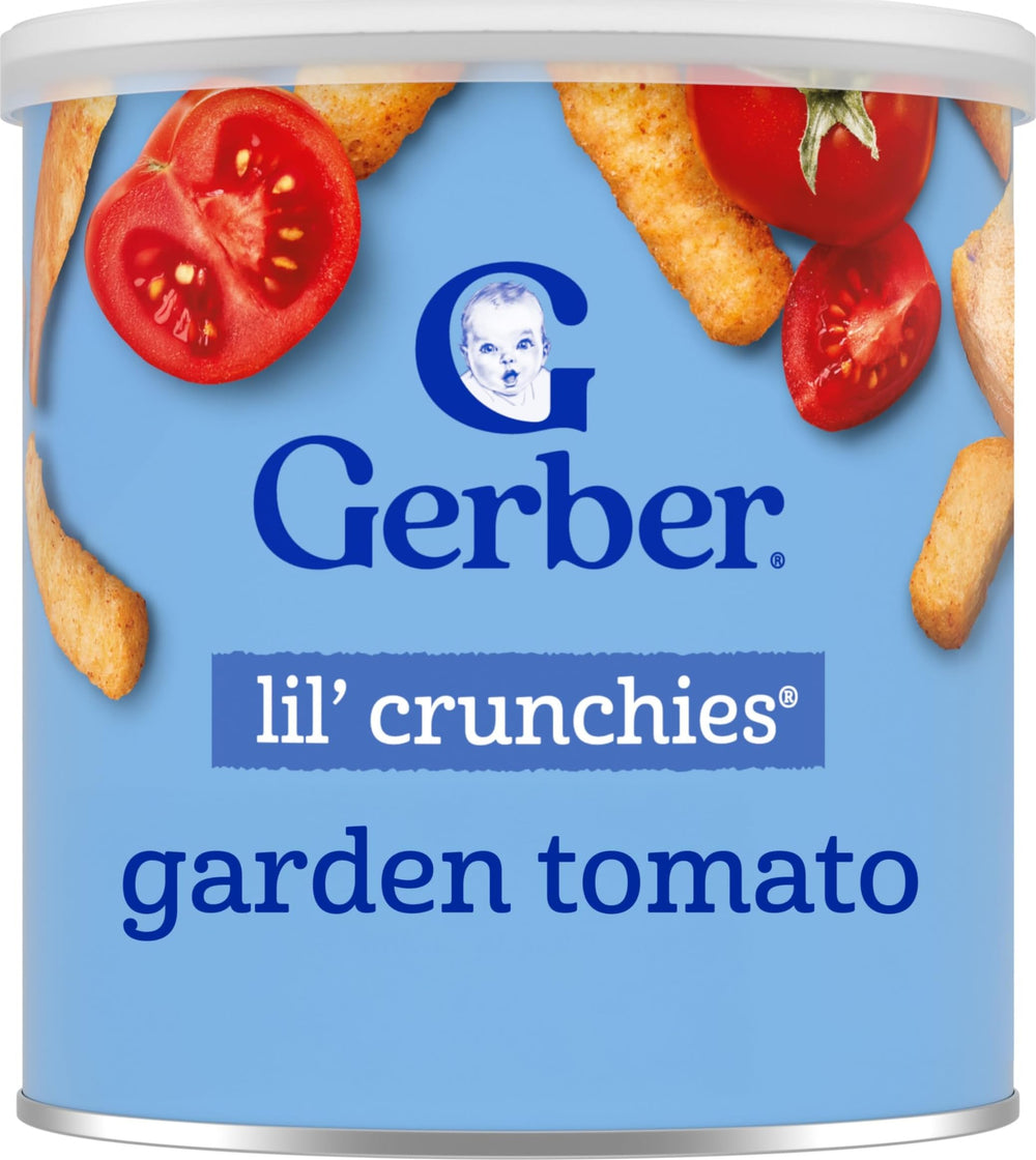 Gerber empaque frontal Garden Tomato mostrando conveniencia y confianza