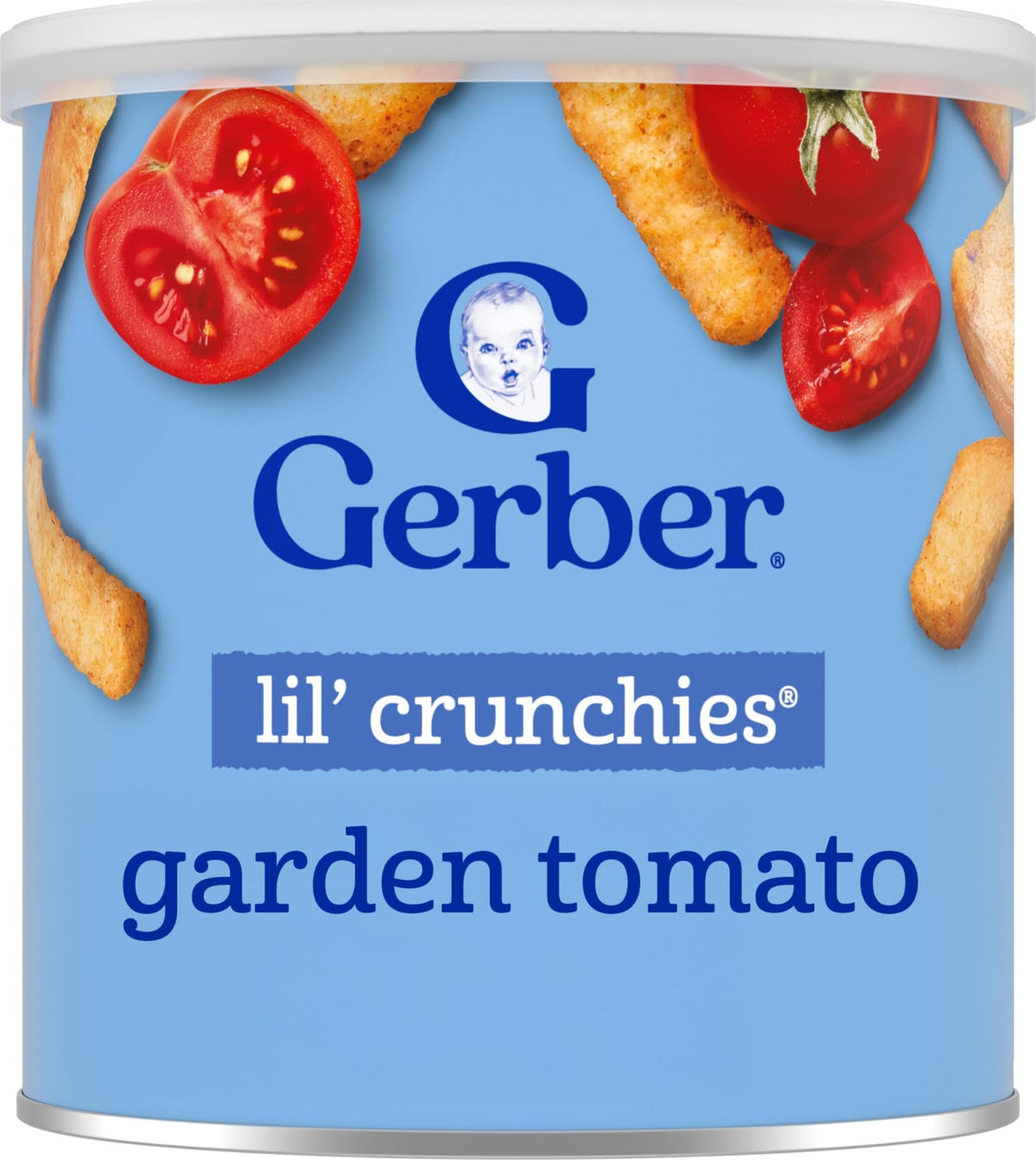 Gerber empaque frontal Garden Tomato mostrando conveniencia y confianza