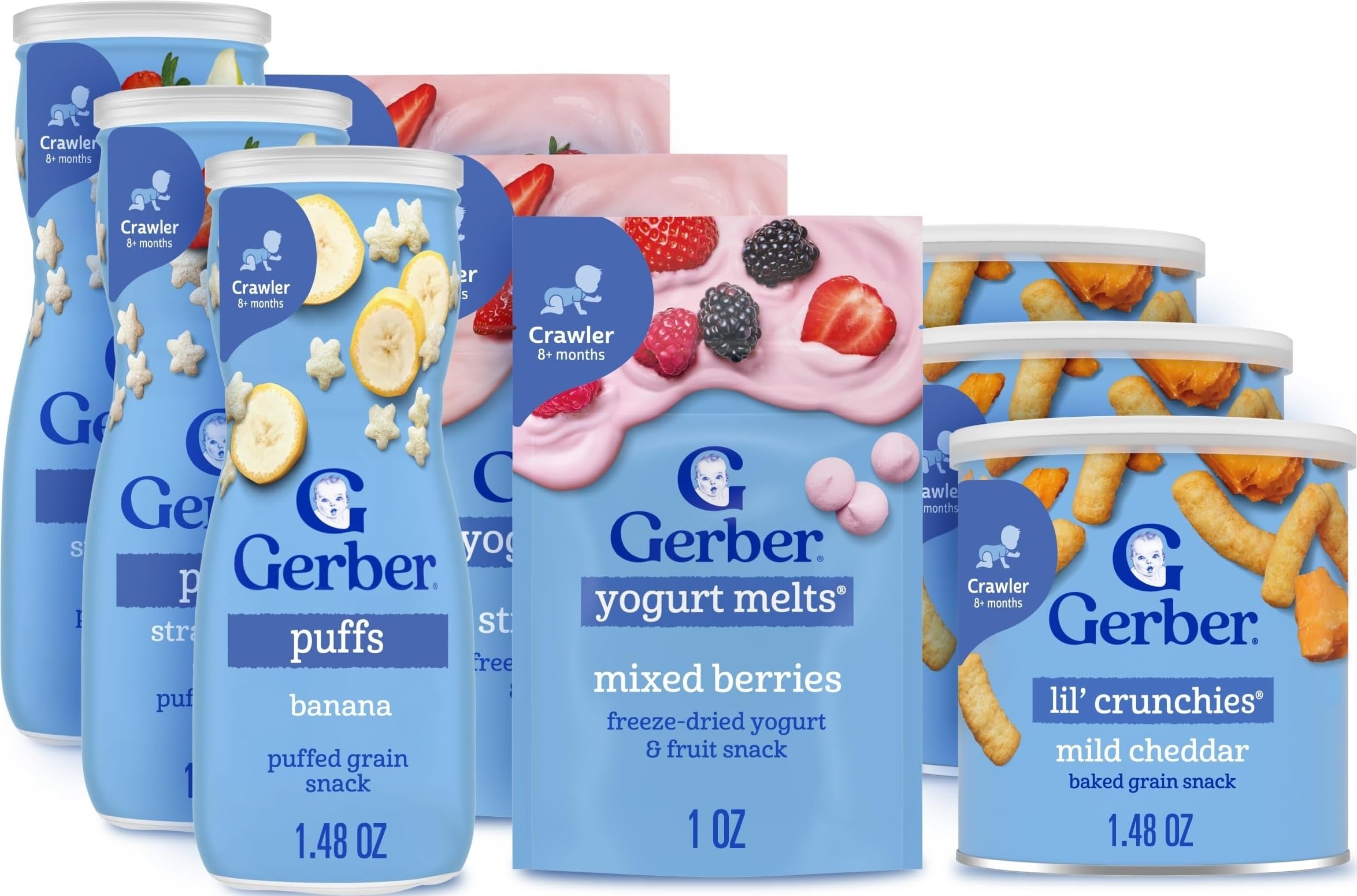 Gerber paquete variado frontal mostrando yogurt melts, puffs y lil' crunchies listo para llevar