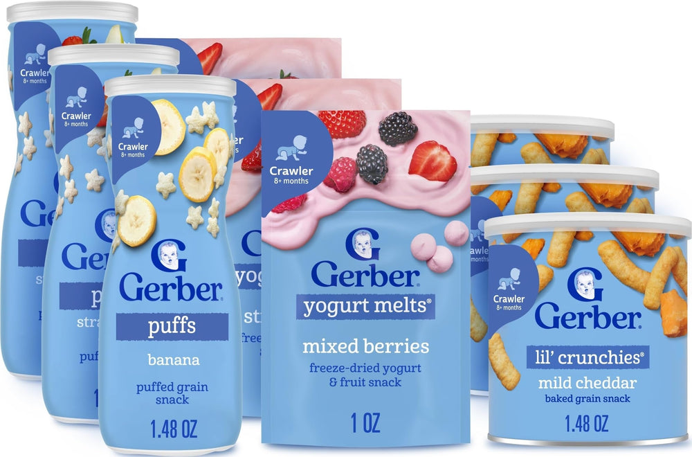 Gerber paquete variado frontal mostrando yogurt melts, puffs y lil' crunchies listo para llevar