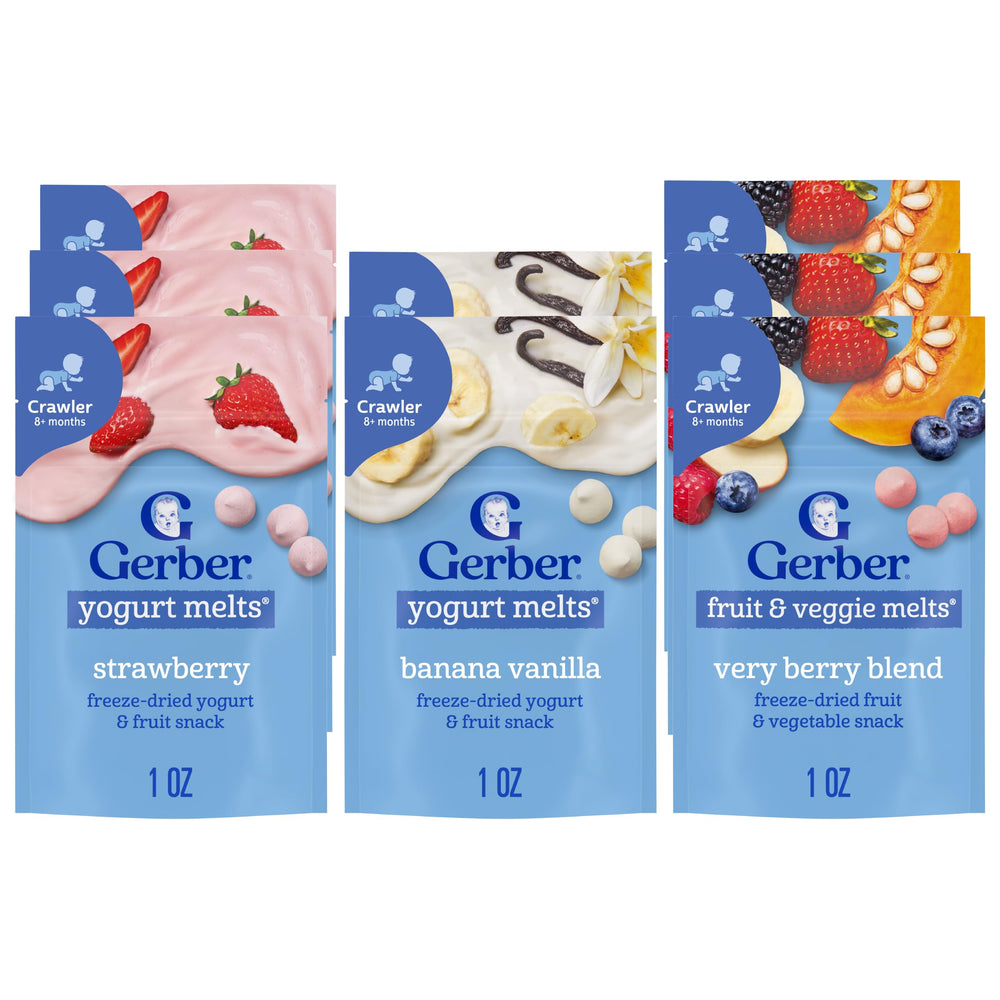 Gerber empaque frontal del multipack que muestra las tres variedades y conveniencia