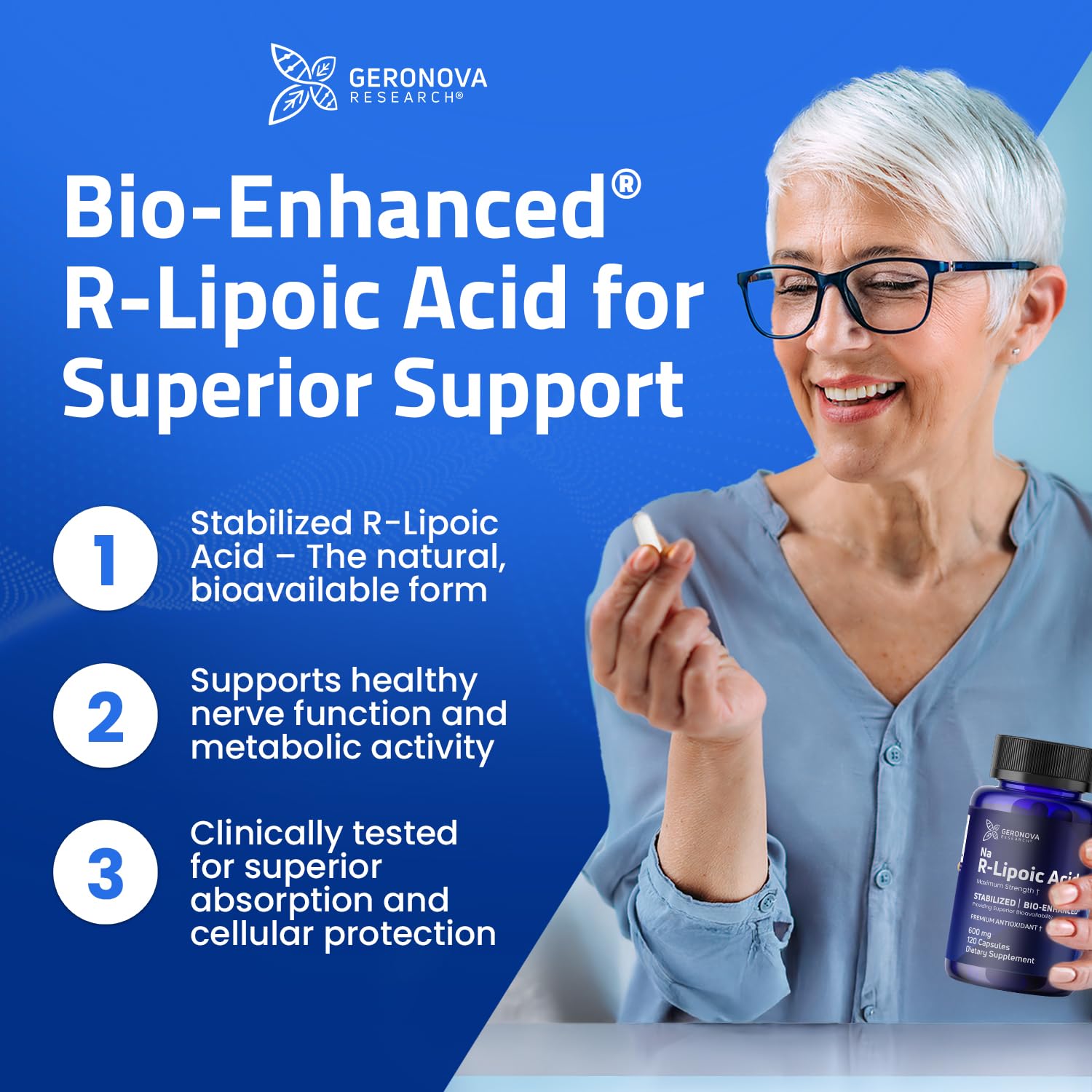 Geronova Research primer plano del polvo del ingrediente activo, absorción mejorada