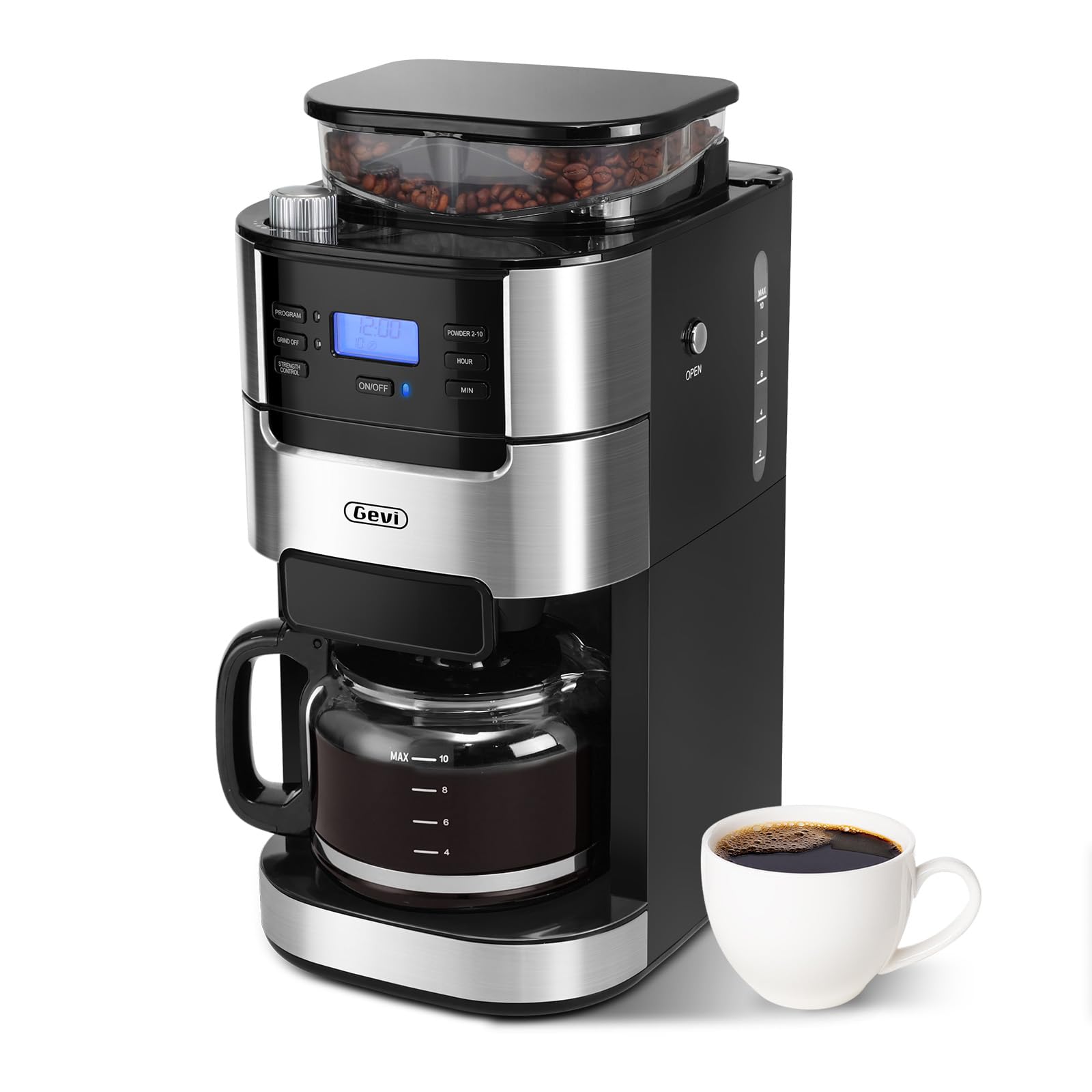 Gevi vista frontal de la cafetera 10 tazas mostrando diseño moderno y capacidad
