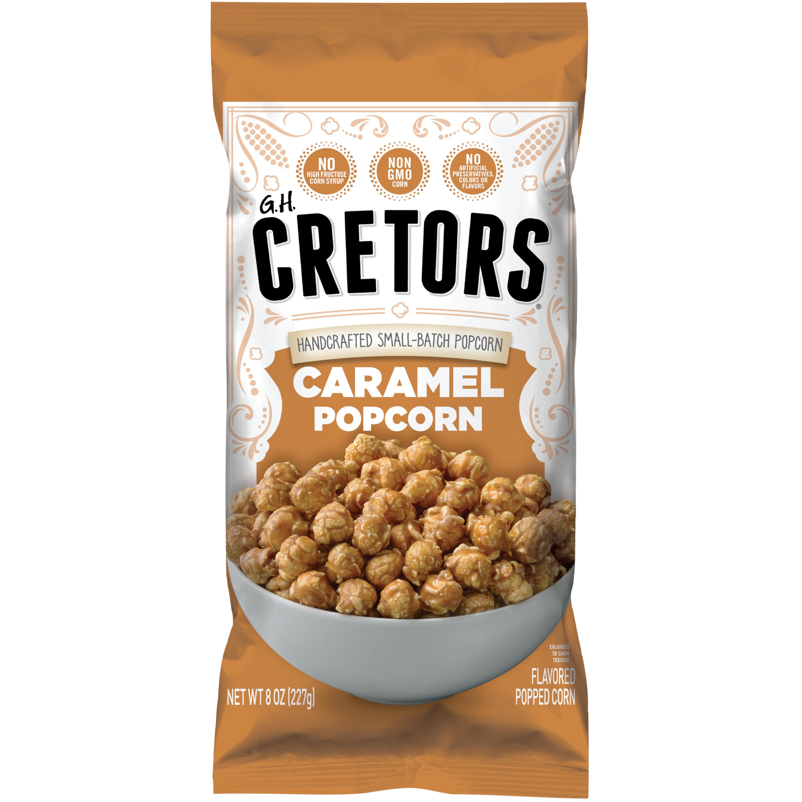 G.H. Cretors frente de empaque mostrando paquete de seis bolsas y diseño atractivo
