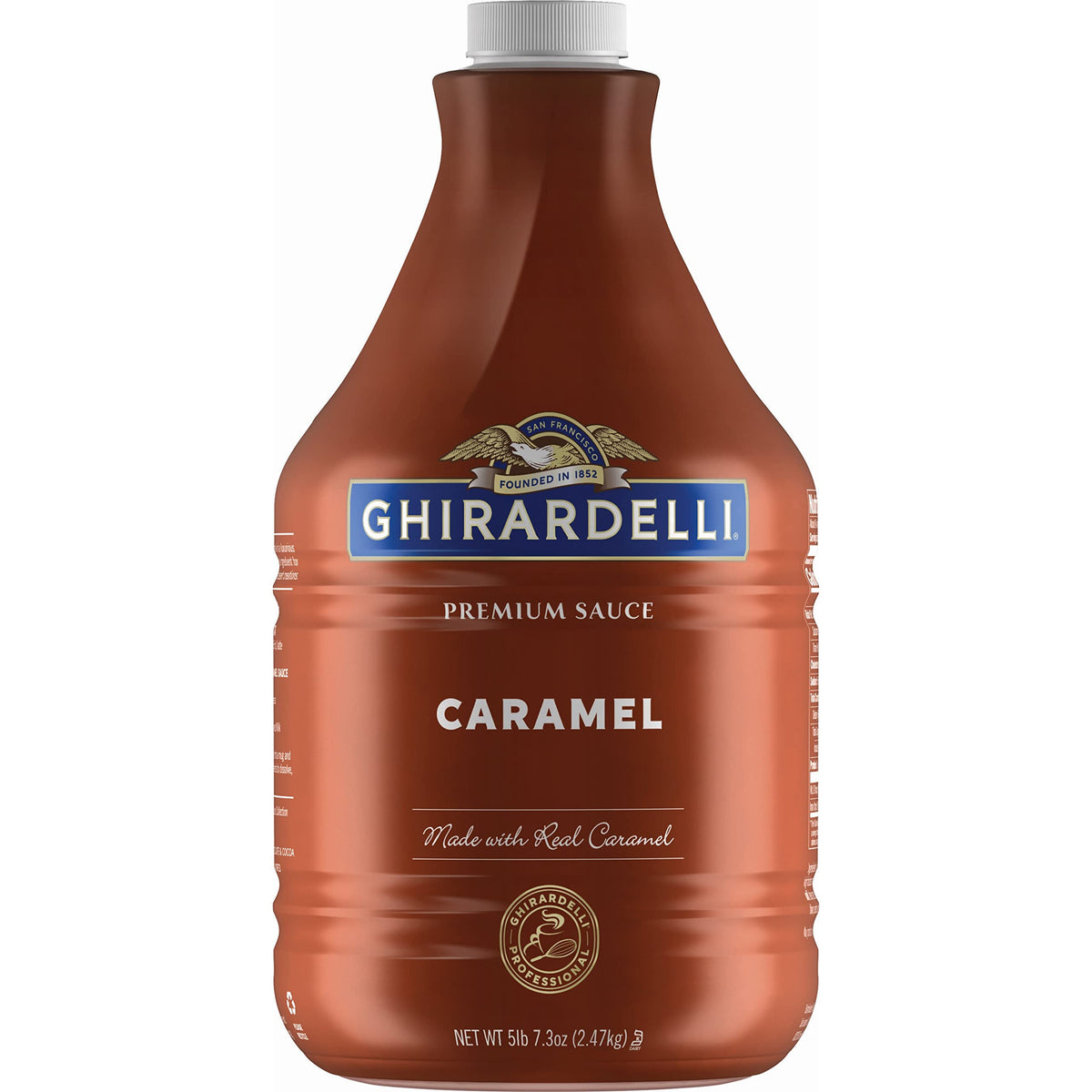 Ghirardelli frasco frontal mostrando etiqueta clara y uso profesional