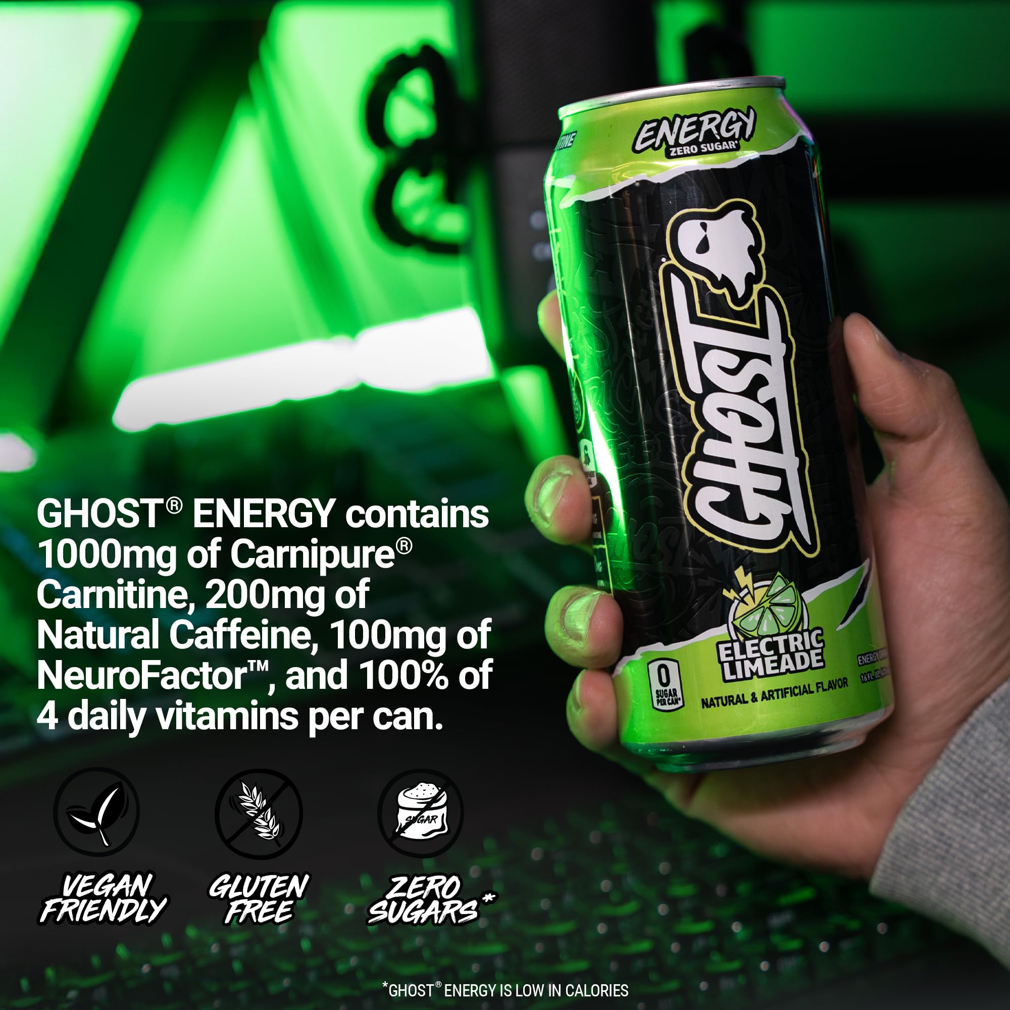 GHOST lata junto a pesas destacando energía para entrenamientos