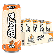 GHOST lata frontal Orange Cream mostrando el diseño y beneficio de energía clara