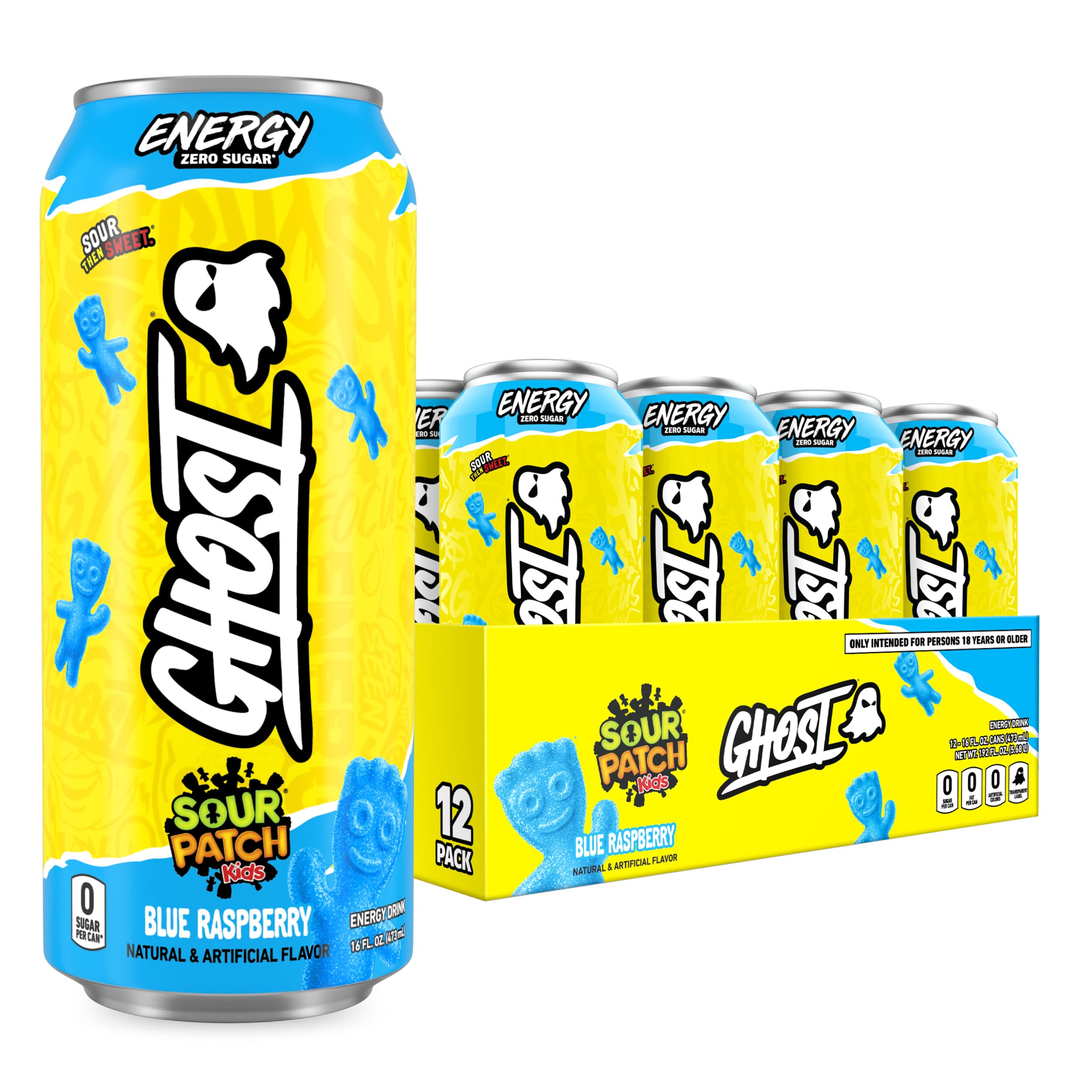 GHOST Energy lata frontal azul raspberries sour patch mostrando diseño y sabor