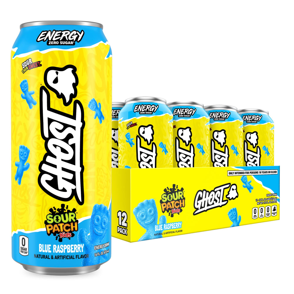 GHOST Energy lata frontal azul raspberries sour patch mostrando diseño y sabor