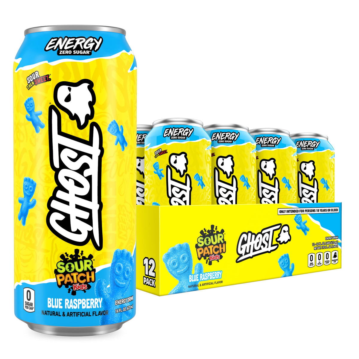 GHOST Energy lata frontal azul raspberries sour patch mostrando diseño y sabor
