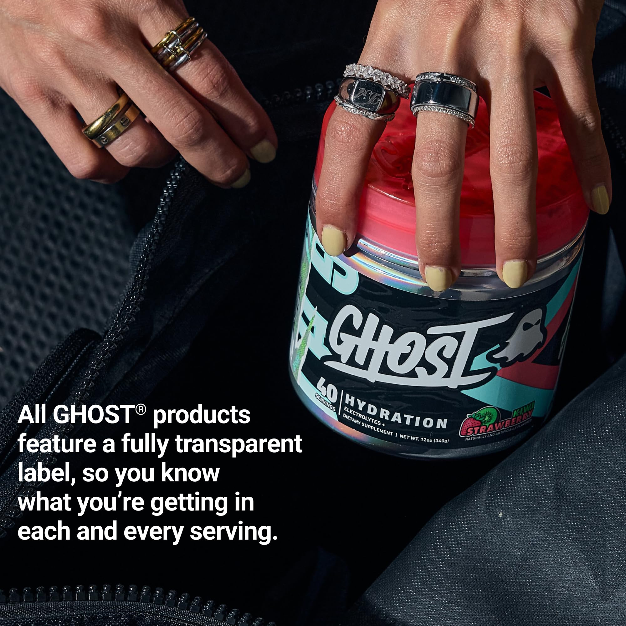 GHOST etiqueta transparente detalle de ingredientes y dosis por porción