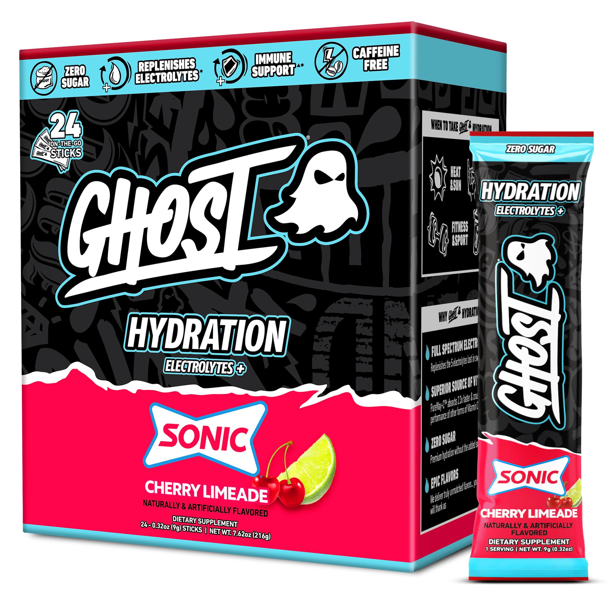 GHOST empaque frontal mostrando 24 sobres Sonic Cherry Limeade y conveniencia