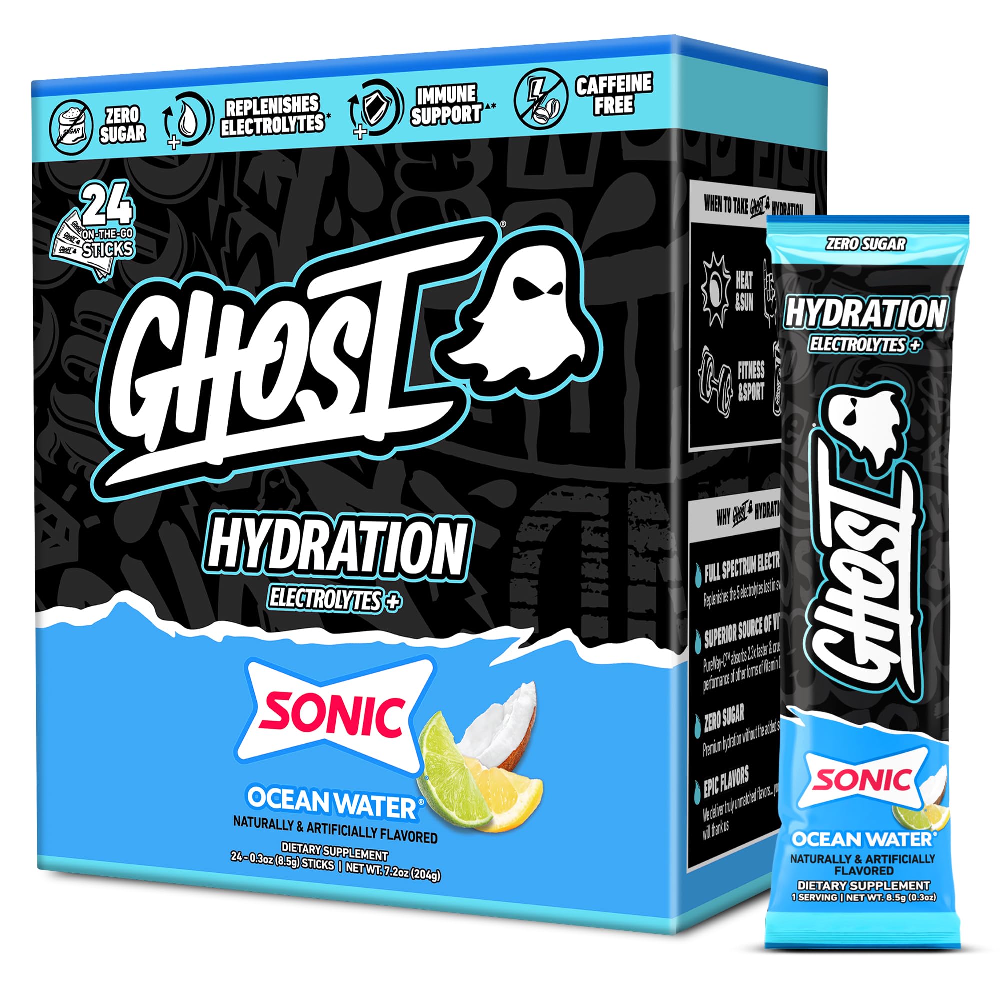 GHOST frente del envase mostrando 24 sobres y etiqueta transparente