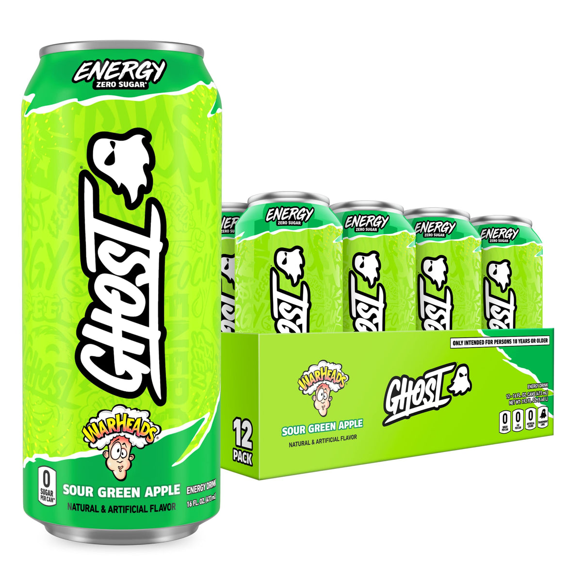 GHOST lata frontal Warheads Sour Green Apple mostrando etiqueta transparente y sabor