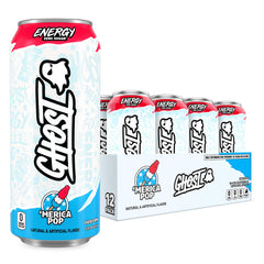 GHOST lata frontal 12-pack 'Merica Pop mostrando diseño y tamaño
