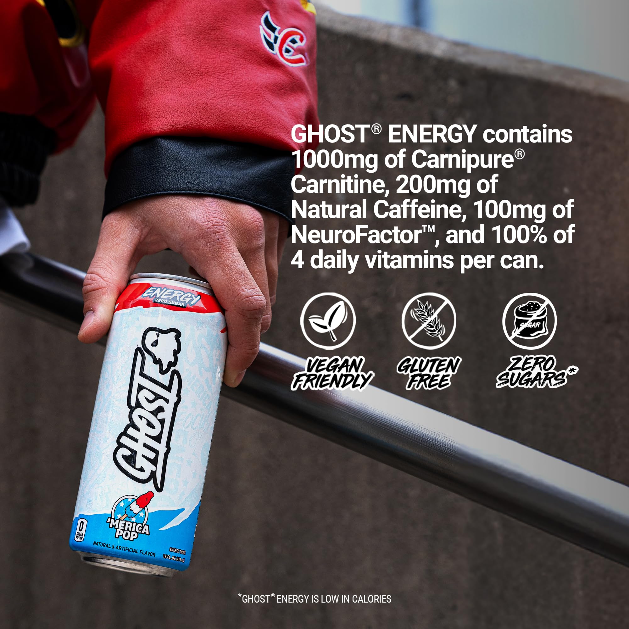 GHOST comparación de lata 16oz junto a una mano para escala clara