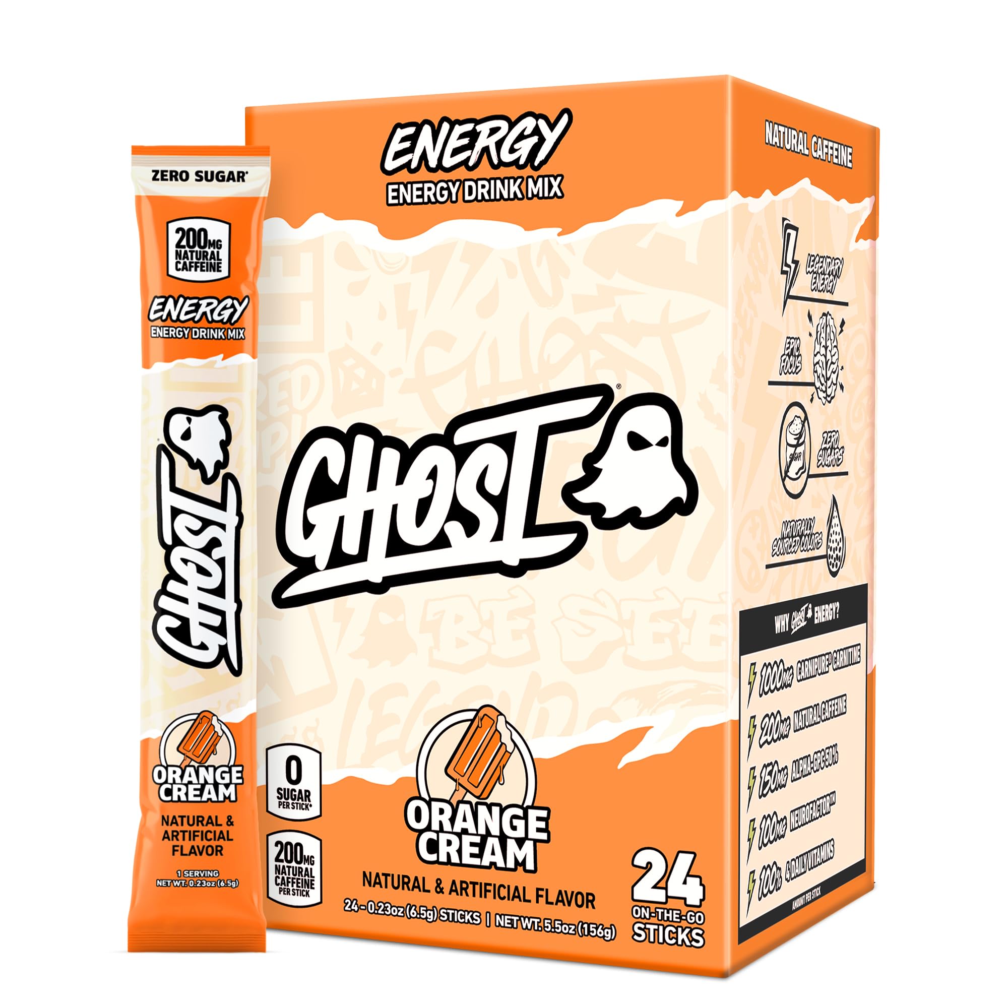 GHOST paquete frontal mostrando 24 sticks y beneficio de energía portátil